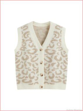 Leopard Sweater Vest Button Down V Neck Wool Blend Cardigan